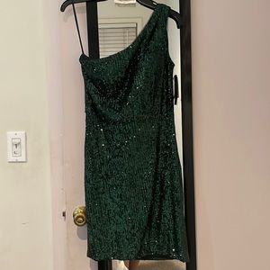 AQUA Sequined One Shoulder Cocktail Hunter Green Dress